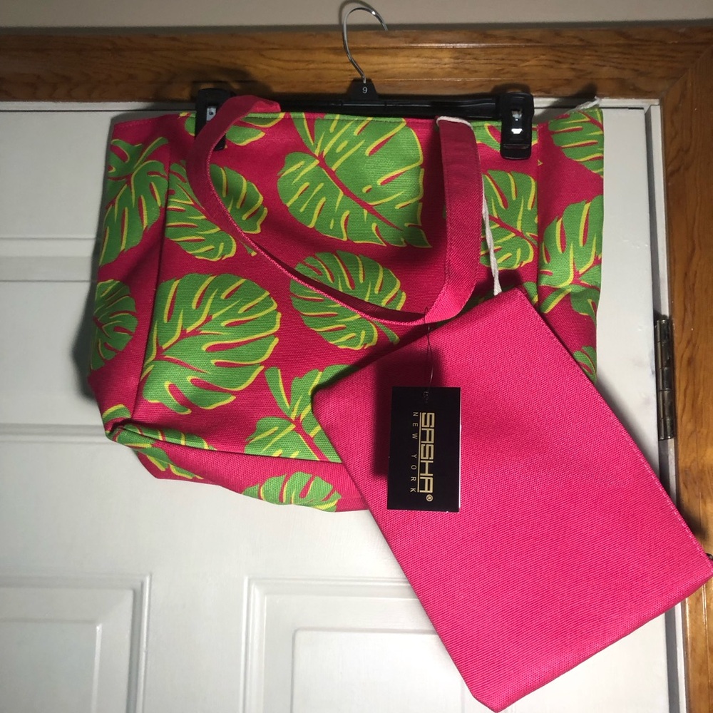 Sasha Pink and Green Leaf Tote Bag